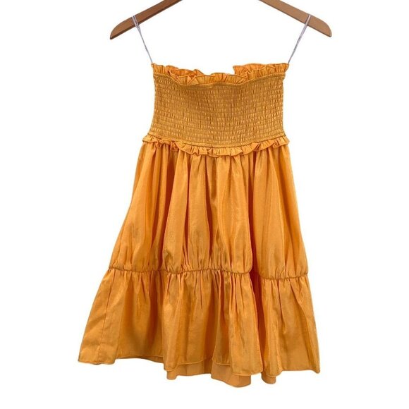 Lovers + Friends Gold Smocked Strapless Mini Doll Dress Size Medium - Picture 7 of 8